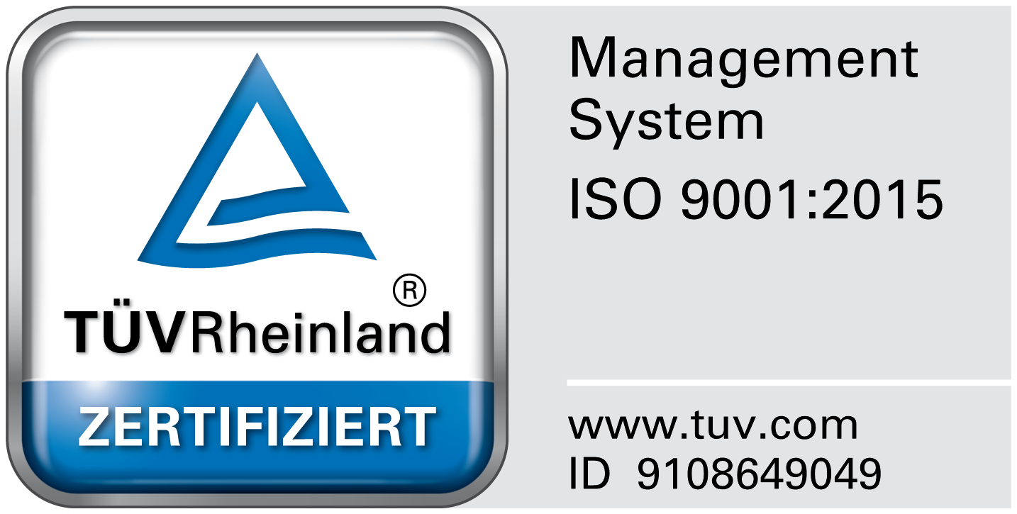 Zertifikat des TÜVRheinland: Managment System nach ISO 9001:2015.